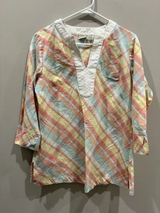 Top túnica LL Bean largo Slv verde azulado amarillo melocotón escocés cuello en V para mujer S - Imagen 1 de 7