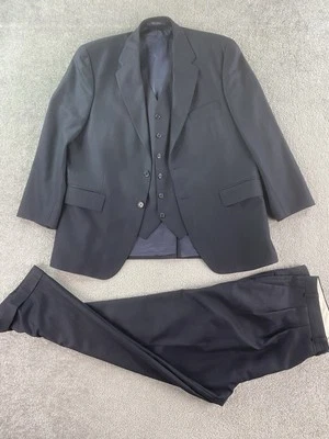 Chaps Suit 44 R Blue Wool Herringbone Premium 3 Piece Jacket Pants Vest 38x28 - Image 1 of 4