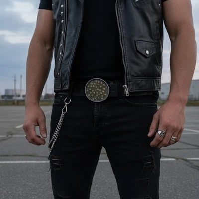 Uomo Metallo Argento Moda Fibbia Motociclista Scheletro Brown Mini Teschi Gotico - Immagine 1 di 4