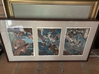 Rare Yoshitoshi 1864 Triptych: Masakiyo Captures Wild Tiger - Framed Original - Image 1 of 4