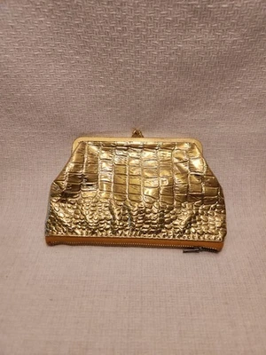 Vintage Gold Faux Leather Cosmetic Bag Opens Two Ways Zip Bottom Kiss Clasp Top - Image 1 of 4