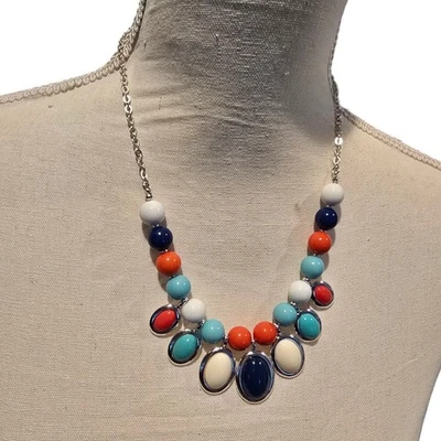 Collar Liz Claiborne Cuentas Ovalado Naranja Blanco Azul Tono Plata Cadena 16" 18" L Foto 1 de 4