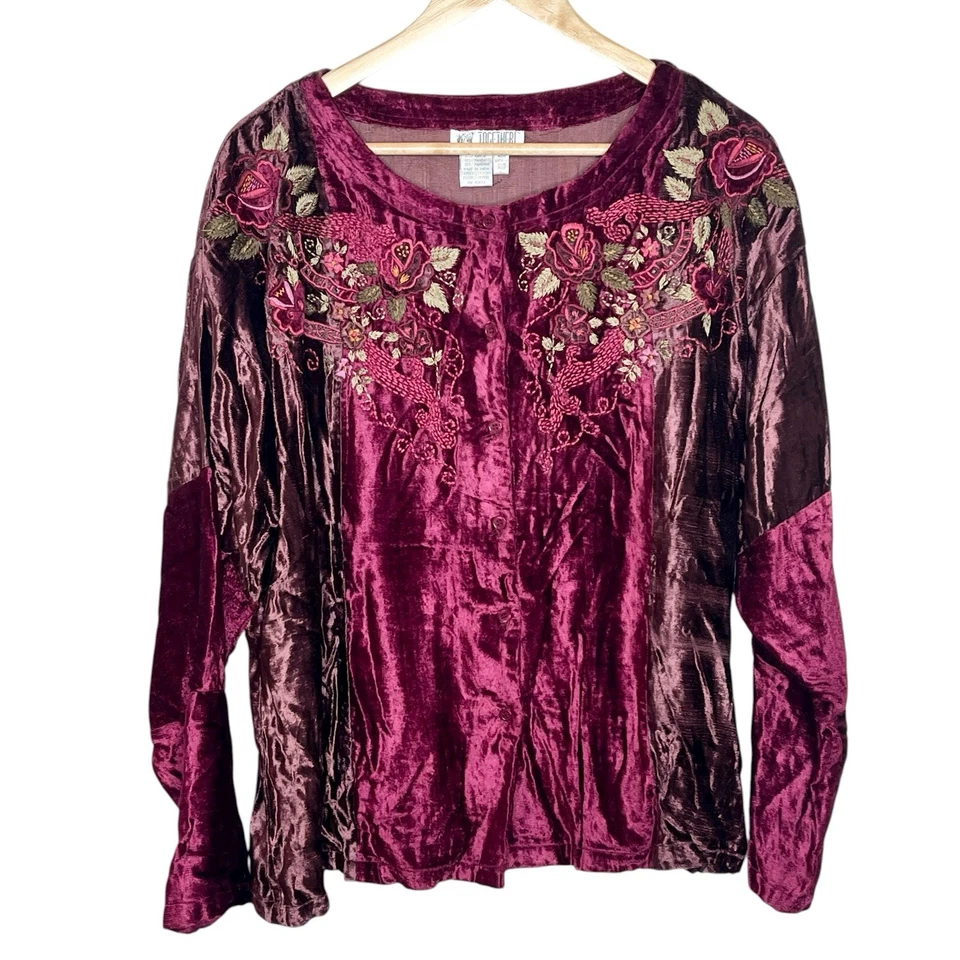 Top de terciopelo aplastado bordado vintage borgoña para mujer L Whimsigoth Y2K juntos Foto 1 de 4