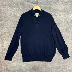 LL Bean Sweater Mens L Navy Blue Cotton Cashmere Blend 1/4 Zip Pullover Knit - Picture 1 of 7