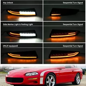 For 1993-02 Chevy Camaro Smoked Lens LED DRL/Front Sequential Turn Signal Lights - Foto 1 di 19