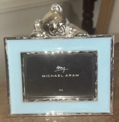 Michael Aram Enamel Blue & Silver Teddy Bear 2x3 Photo Picture Frame 3.5”T 4.5”W - Image 1 of 4