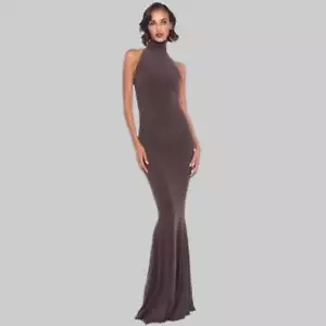 NORMA KAMALI Halter Turtle Fishtail Gown 4-Way Stretch Womens Sz M/38 Chocolate - Picture 1 of 9