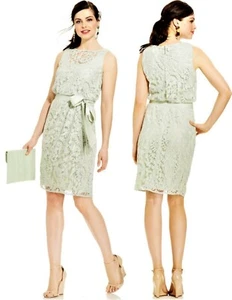 ADRIANNA PAPELL MINT Green BLOUSON Sleeveless Illusion-lace Belted Dress 12 NEW - Picture 1 of 11