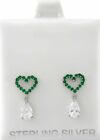 Lab-Created Emerald & White Sapphires Dangling Earrings .925 Silver- Screw Backs