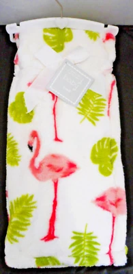 New Cozy Baby THRO Blanket Fleece Pink Flamingos Green Leaves White 30x40" NWT - Image 1 of 4