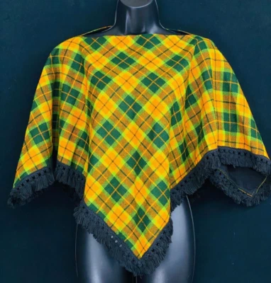 Poncho vintage años 70 dorado verde a cuadros, flecos de lana mostaza amarilla boho Foto 1 de 4