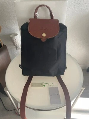 Mochila dobrável Longchamp Le Pliage original M preta com couro marrom - Imagem 1 de 4