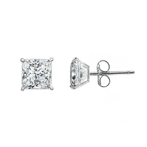 14K Solid White Gold Square 3x3mm CZ Princess Cut Basket Stud Earrings kids - Picture 1 of 2