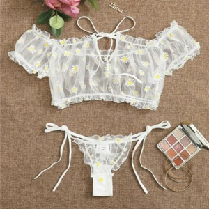 Women Sexy Lingerie Daisy Lace Transparent See-through Underwear Set Nightwear - Picture 1 of 14