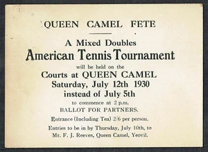1930 Advertising Postcard Queen Camel Tennis Tournament Yeovil-Glastonbury  - Picture 1 of 2