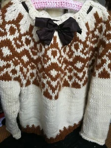 Norweger Pulli Handarbeit echte Wolle, altweiss braun M L Grobstrick Kastenform - Bild 1 von 24