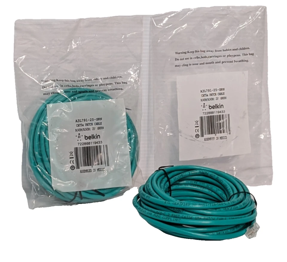 Lot of 2: Belkin A3L791-25-GRN CAT5e Green 25Ft Patch Cable, 49749, RJ45M/RJ45M - Image 1 of 4