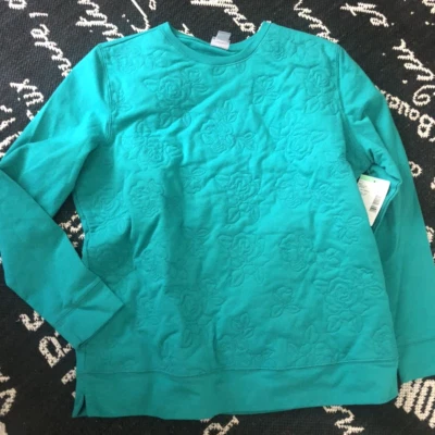 NWT Sz XL Teal Green LAURA SCOTT Embossed FLORAL Quilted SWEATSHIRT KNIT TOP - Image 1 of 4