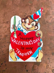Linda tarjeta de San Valentín vintage pintura mono payaso a mi maestro c 1950s sin usar - Imagen 1 de 4