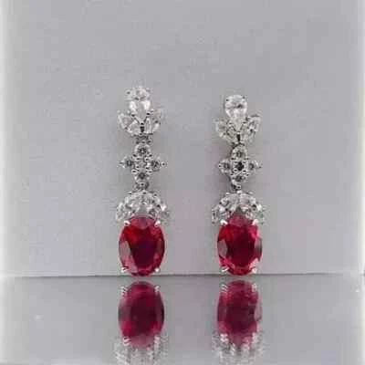 3Ct Oval Cut Lab-Created Red Ruby Drop/Dangle Earrings 14K White Gold Plated - Image 1 of 3