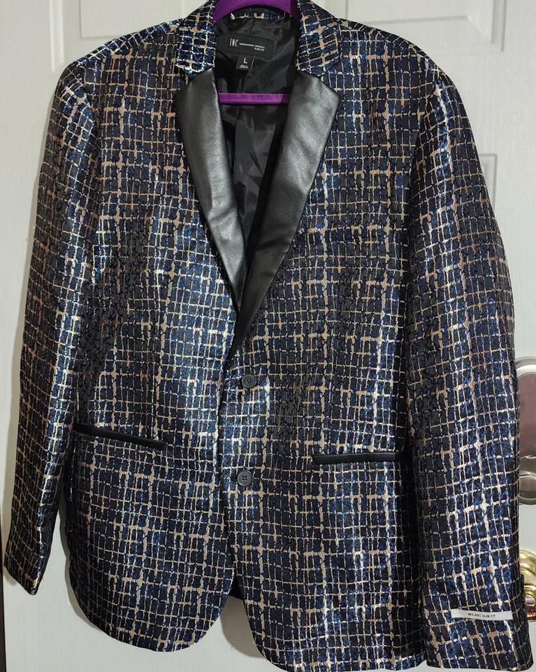 Chaqueta Blazer INC International Concepts Milan Calce Ajustado Metálica Azul Dorado Grande Foto 1 de 4