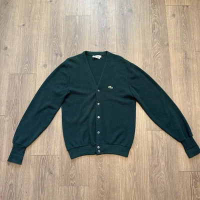 复古 Izod Lacoste 深绿色开衫毛衣 XL - 经典 80 年代 V 领 — 第 1/4 张图片