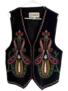 Deerskin Vest XL Black Genuine Suede Leather Embroidered Western - Picture 1 of 15