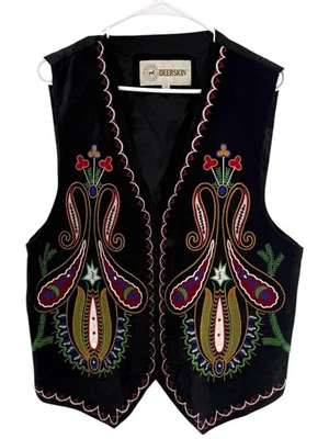 Deerskin Vest XL Black Genuine Suede Leather Embroidered Western - Image 1 of 4