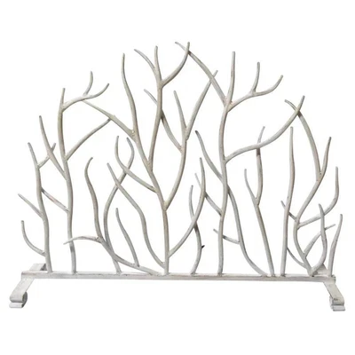 Pantalla de chimenea de un solo panel en diseño de ramita de hierro blanco antiguo Foto 1 de 4