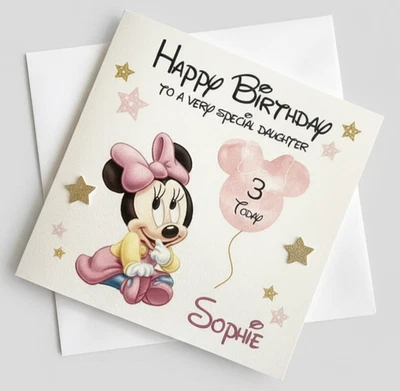Personalised Childrens Minnie Mouse Birthday Card relationship 1st 2nd Any Age - Image 1 of 4