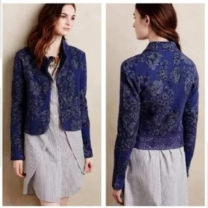 Cropped-Jacke Strick & Knoten blau Blumenstruktur Damen Größe L - Bild 1 von 7