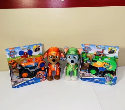PAW PATROL Rescue Wheels Vehicles and Figures Rocky Zuma & Matching PLUSH LOT - Image 1 of 4