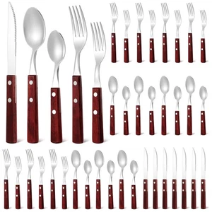 40 Pcs Wooden Handle Silverware Cutlery Set Walnut Handle 18/8 (304) Stainles... - Picture 1 of 7