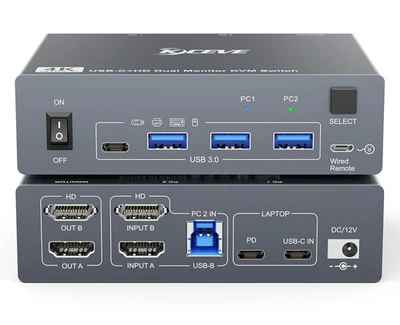 Dual Monitor KVM Switch for Laptop & Desktop 4K@60Hz, USB C and HDMI KVM Switch - Image 1 of 4