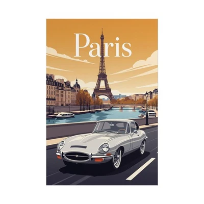 Póster Jaguar - Impresión de arte de pared de viaje vintage de coche clásico de París tipo E Foto 1 de 4
