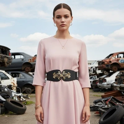 Cinturón de mujer negro ancho elástico ceñido hebilla entrelazada de metal dorado talla S M Foto 1 de 4