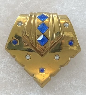 "Clip de piel Art Deco vintage raro Coro tono dorado zafiro azul y diamantes de imitación transparentes 1,5""" Foto 1 de 4