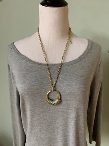 Lia Sophia Round Crystal Green Blue Acrylic Pendent Brushed Brass 24” Necklace - Picture 1 of 12