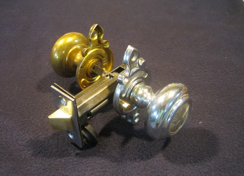 Antique Bed / Bathroom Mortise Door Latch w/ Privacy Lock Brass Knobs - Yale Cover