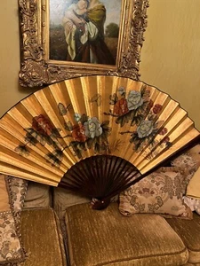 35' X 60 Large VTG Chinese Flowers Hand Painted Brise Fan Gold Bamboo elegant - Picture 1 of 9
