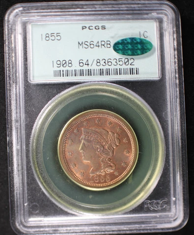 1855 Large Cent PCGS MS64 RB ogh CAC Almost Fully Red! Stunning!! Cover