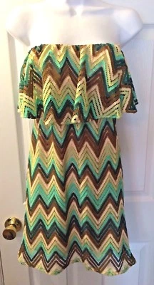 Vestido JUDITH MARCH Chevron sem alças babado verde turquesa marrom mini tamanho P - Imagem 1 de 4