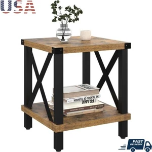 Large End Table Industrial Nightstand Metal X Wood Storage Coffee Table Black US - Picture 1 of 9