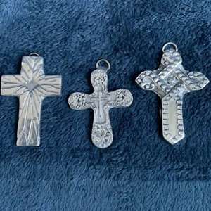 Set of 3 Metal Crosses Handmade Mexico New 3” Polished Carved Christian Decor - Picture 1 of 7
