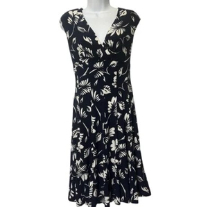 Ralph Lauren Dark Navy Blue White Floral Cap Sleeve Dress Fit+Flare Sz 10 V-Neck - Imagen 1 de 9