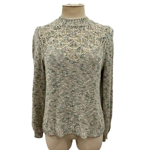 Sezane S Jumper Crochet Balloon Sleeves Knit Oatmeal Green Pink Flecks - Picture 1 of 9