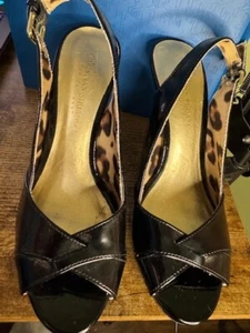 Christian Siriano Black Patent Leather Slingback Heels With Leopard Print Insole - Picture 1 of 24