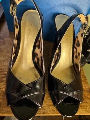 Christian Siriano Black Patent Leather Slingback Heels With Leopard Print Insole - Image 1 of 4
