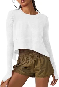 Aurgelmir Womens Casual Long Sleeve Crop Tops Tee Loose Workout Medium, White  - Picture 1 of 4