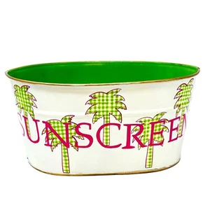 Preppy Pink & Green Palm Tree Gingham Sunscreen Holder Tin Metal Bucket - Picture 1 of 7